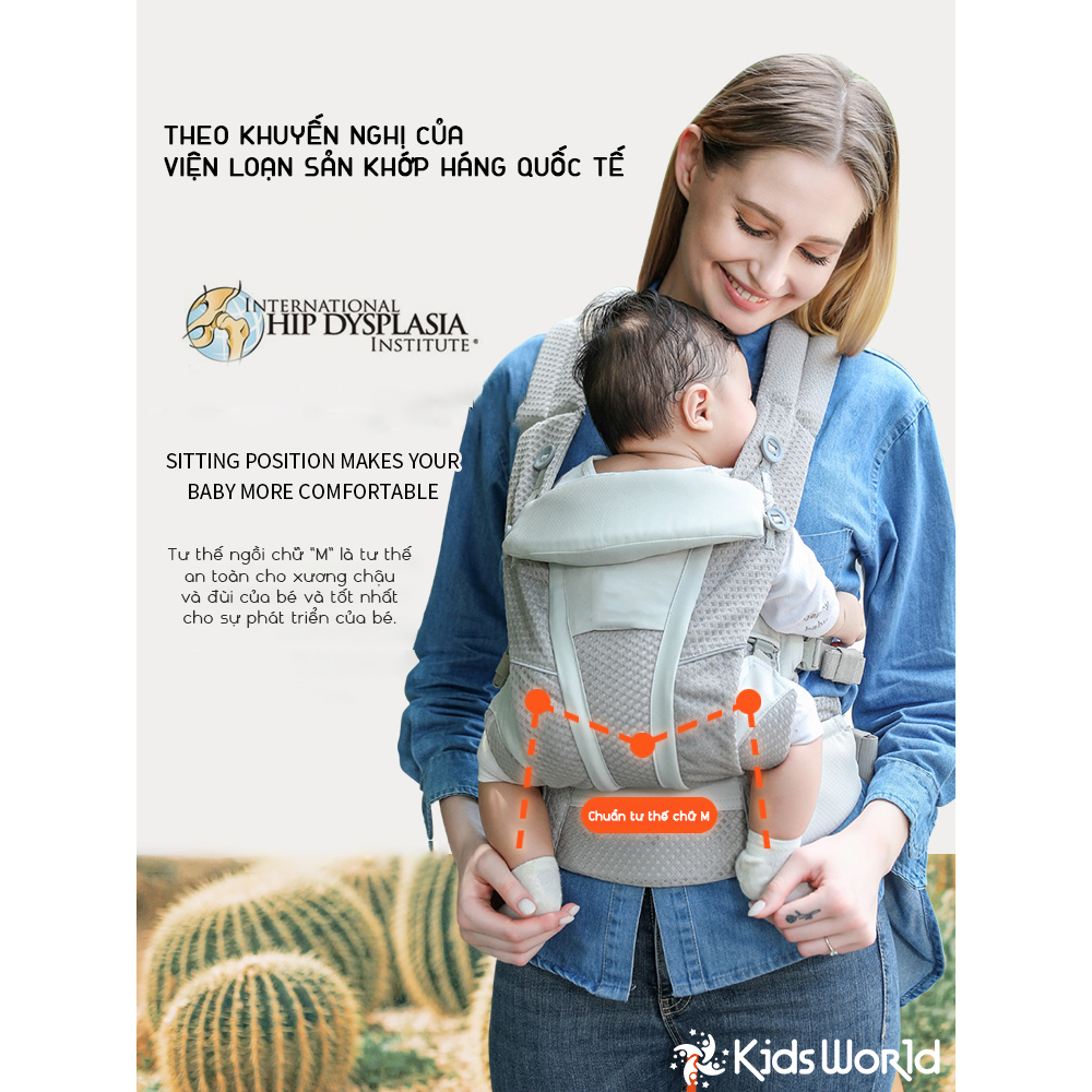Địu cho bé Kidsworld Omni Breeze trợ lực 4 tư thế với vải SoftFlex siêu mát,có mũ che cho bé từ sơ sinh đến 4 tuổi