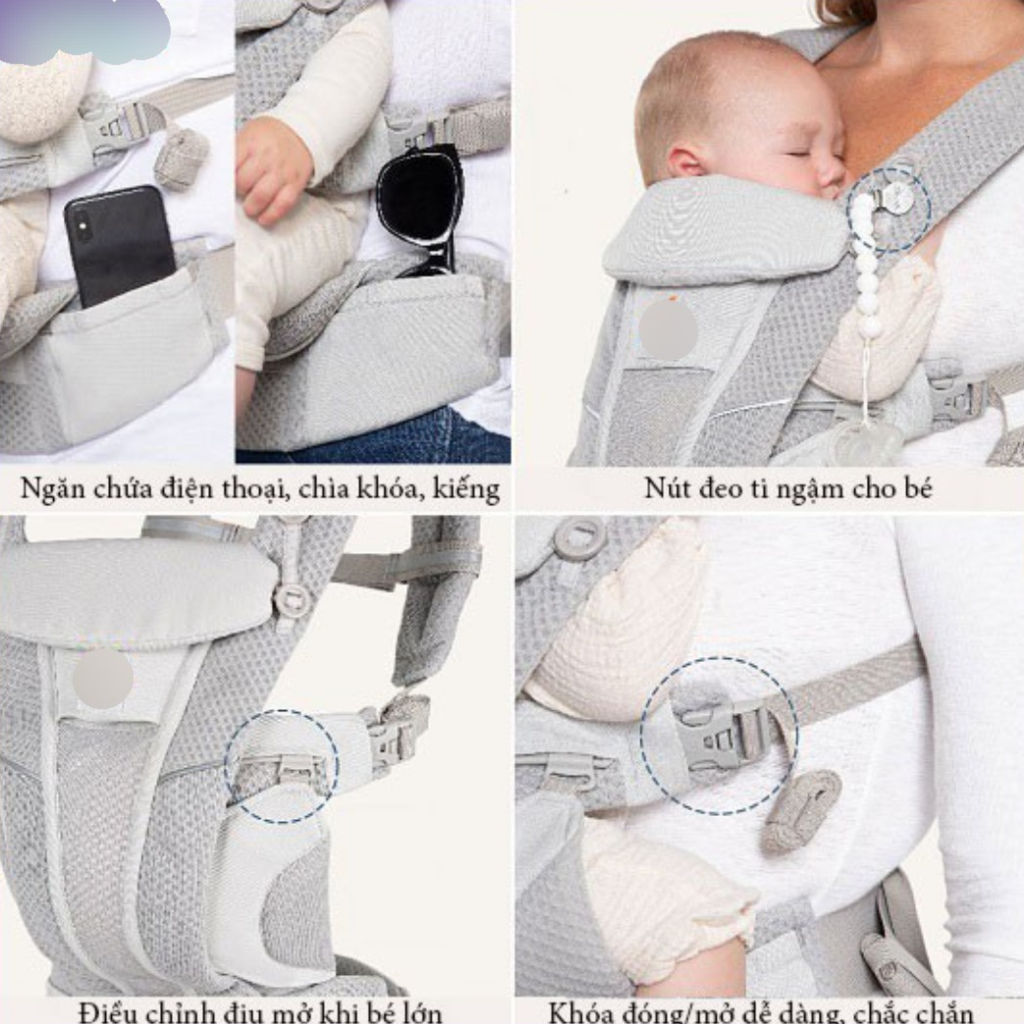 Địu cho bé Kidsworld Omni Breeze trợ lực 4 tư thế với vải SoftFlex siêu mát,có mũ che cho bé từ sơ sinh đến 4 tuổi