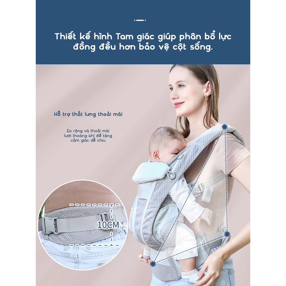 Địu cho bé Kidsworld Omni Breeze trợ lực 4 tư thế với vải SoftFlex siêu mát,có mũ che cho bé từ sơ sinh đến 4 tuổi
