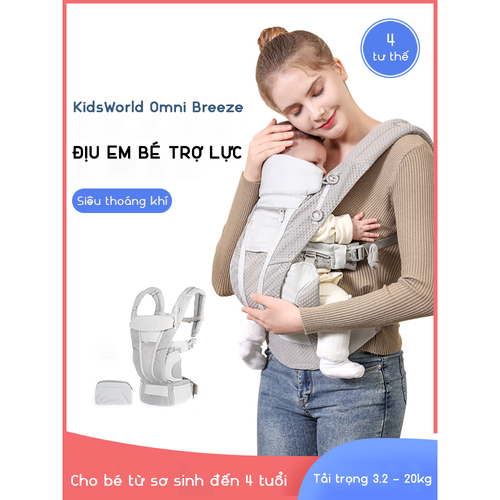 Địu cho bé Kidsworld Omni Breeze trợ lực 4 tư thế với vải SoftFlex siêu mát,có mũ che cho bé từ sơ sinh đến 4 tuổi