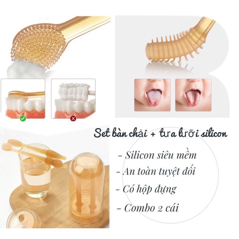 [Mã BMLTM50 giảm đến 50K đơn 99K] Set bàn chải silicon cho bé, Rơ lưỡi cho bé siêu mềm mại an toàn cho bé 0-18 tháng