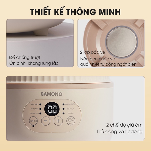 Nồi nấu chậm nấu cháo, ninh, hầm, chưng yến cho bé ăn dặm 6in1 KidsWorld Samono SW-SCB08 dung tích 0.8l