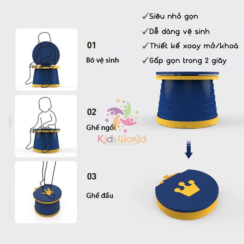 Bô vệ sinh cho bé, bệ vệ sinh cho bé KidsWorld gấp gọn di động thuận tiện để trong nhà hoặc đi du lịch