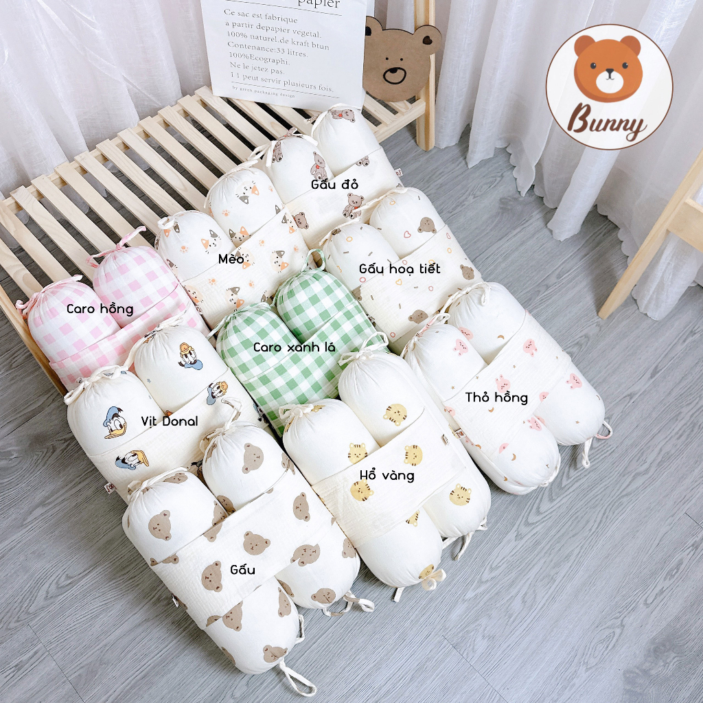Gối chặn Muslin cho bé sơ sinh thoáng khí cho bé ngủ ngon,ruột bông organic thiên nhiên kháng khuẩn chống giật mình