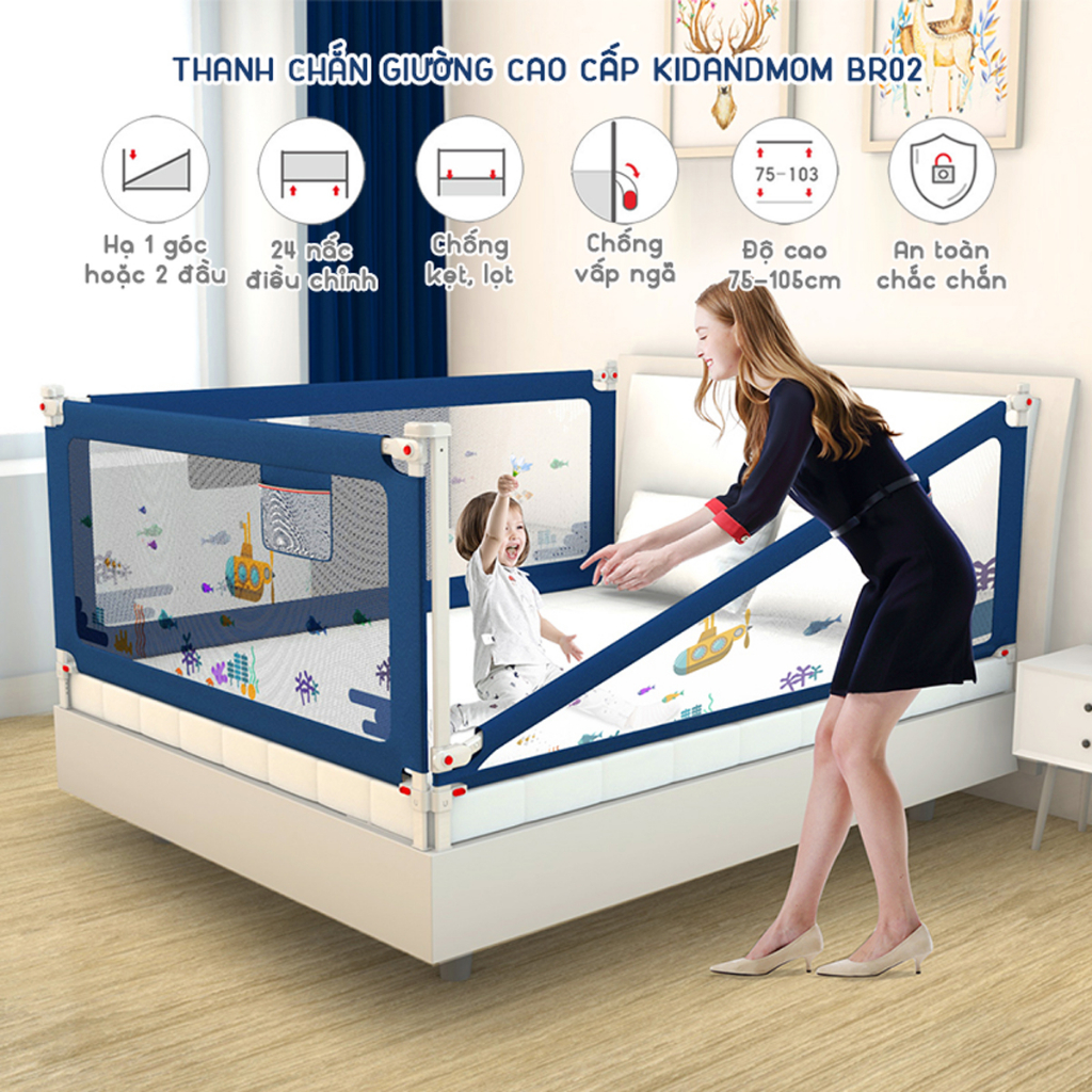Thanh chắn giường cho bé KidsWorld BR02 độ cao 75-100cm thiết kế chống kẹt chống vấp ngã chặn giường không kênh đệm
