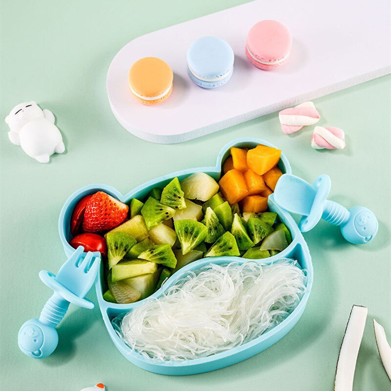 Khay ăn dặm silicon KidsWorld hình gấu 2 ngăn cao cấp tặng kèm thìa nĩa