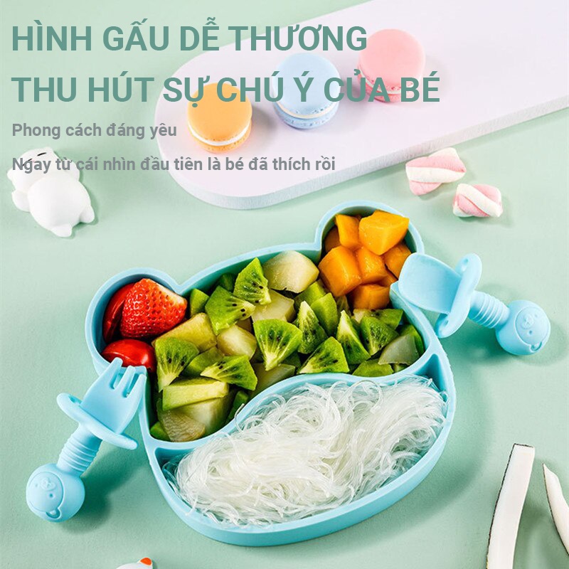 Khay ăn dặm silicon KidsWorld hình gấu 2 ngăn cao cấp tặng kèm thìa nĩa