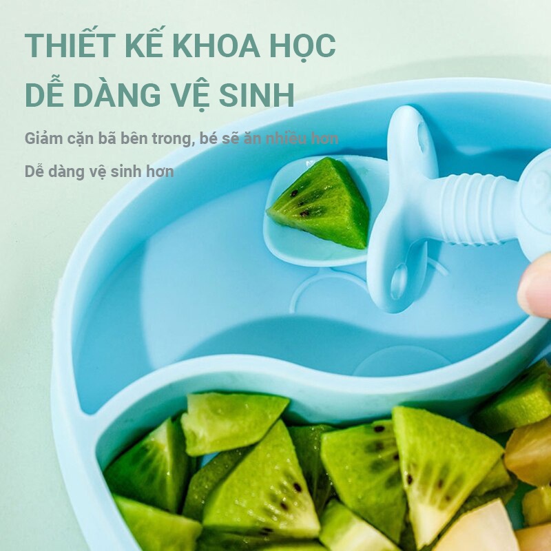 Khay ăn dặm silicon KidsWorld hình gấu 2 ngăn cao cấp tặng kèm thìa nĩa