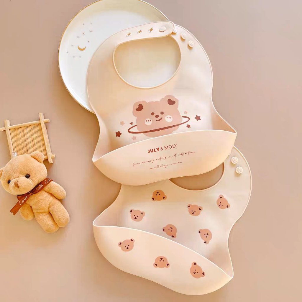 Yếm ăn dặm cho bé KidsWorld Dotoodot phong cách Hàn Quốc có máng silicon không bám bẩn