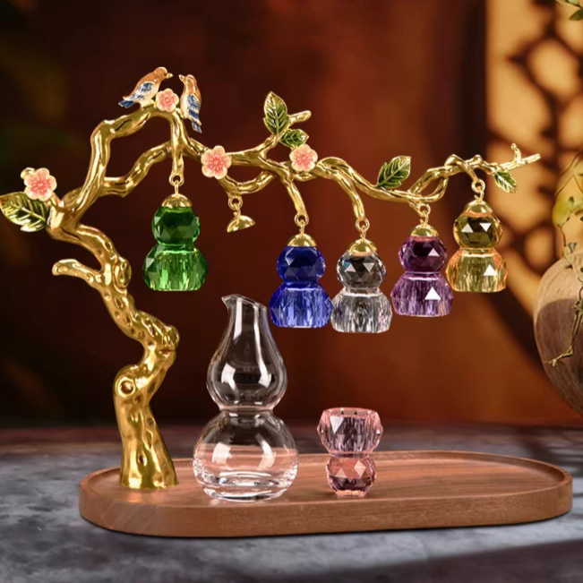 Bộ ly rượu pha lê phong cách Bonsai sáng tạo, quà tặng ly rượu bình rót rượu hình quả bầu bảy màu cao cấp GR011