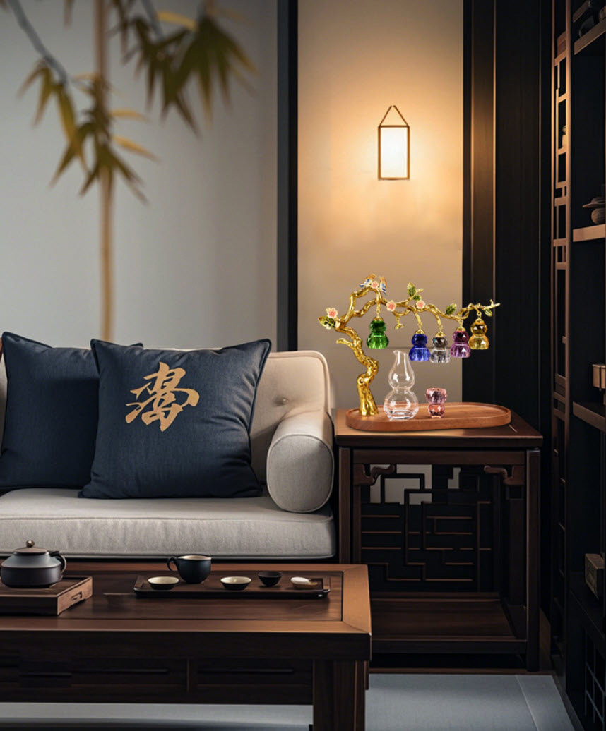 Bộ ly rượu pha lê phong cách Bonsai sáng tạo, quà tặng ly rượu bình rót rượu hình quả bầu bảy màu cao cấp GR011