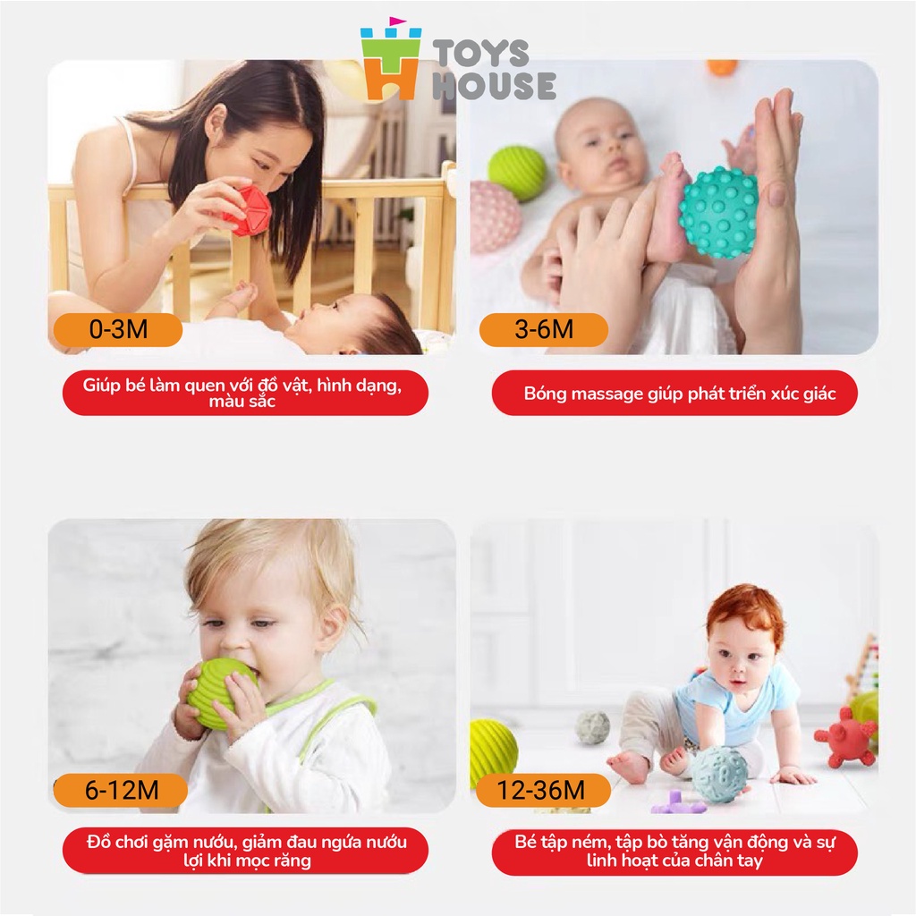 Bóng cho bé chơi, set 6 quả bóng gai silicone kích thích xúc giác, thị giác, thính giác, vận động tinh ToysHouse HE0207