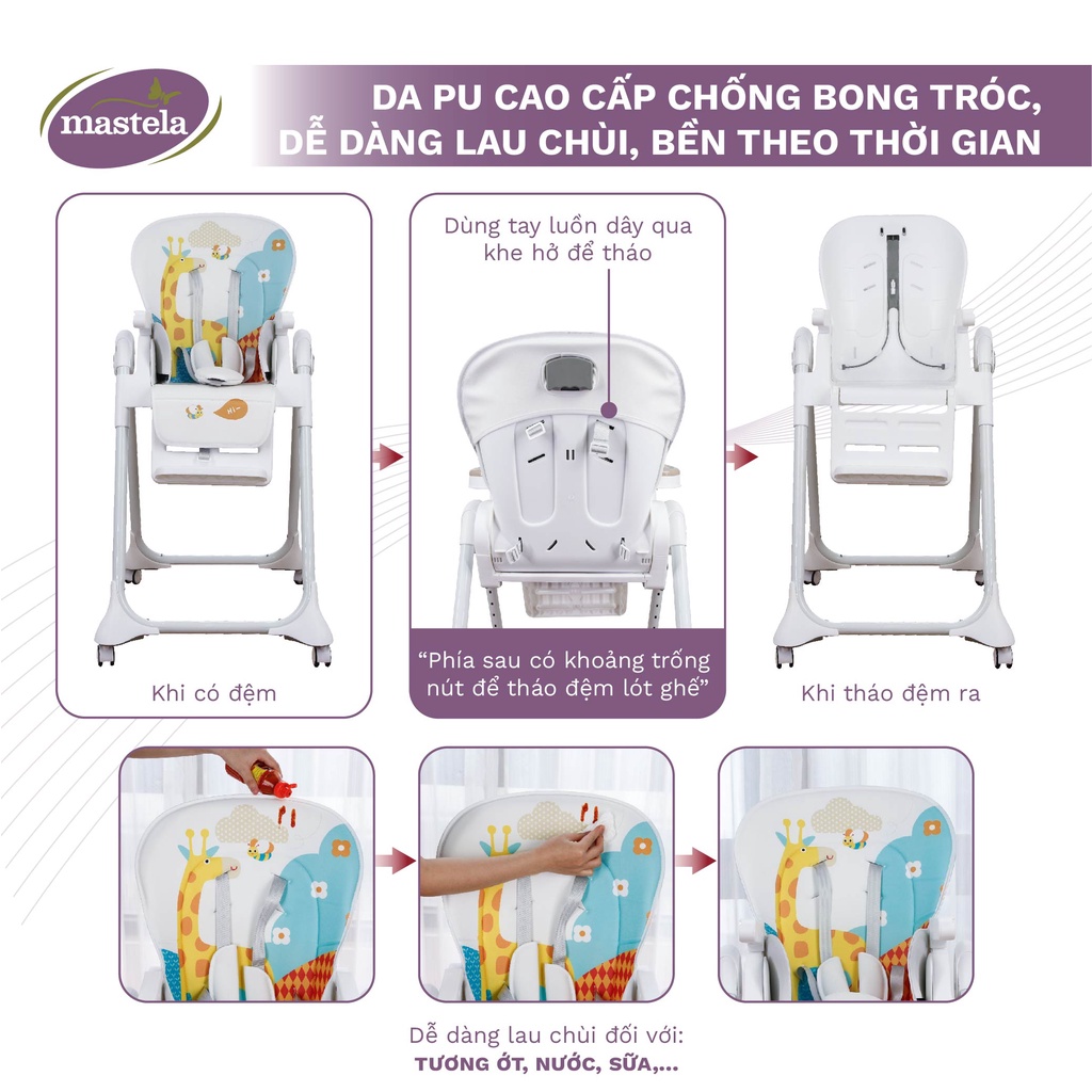 Ghế ăn dặm đa năng cho bé Mastela 1015 có 5 mức nâng hạ độ cao, 3 chế độ ngả, dùng cho bé từ 4 tháng - 5 tuổi