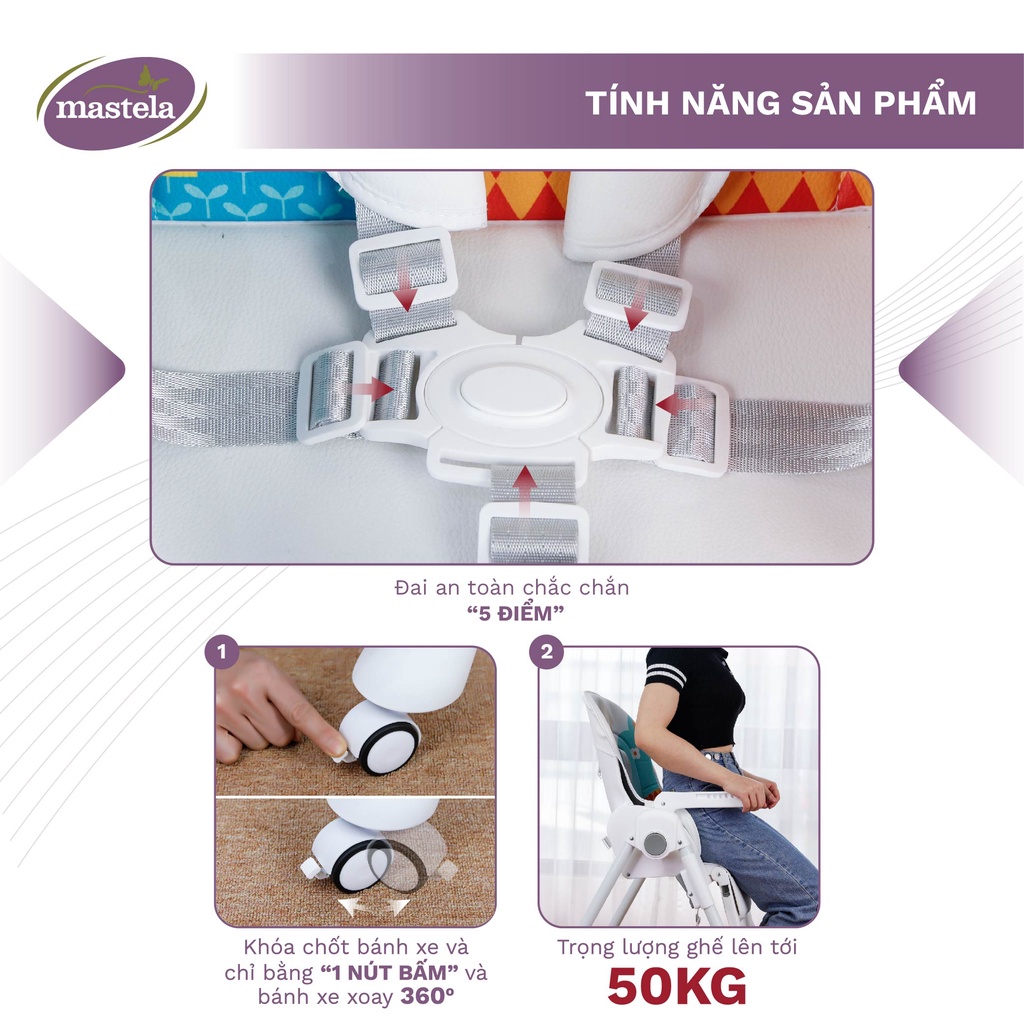 Ghế ăn dặm đa năng cho bé Mastela 1015 có 5 mức nâng hạ độ cao, 3 chế độ ngả, dùng cho bé từ 4 tháng - 5 tuổi