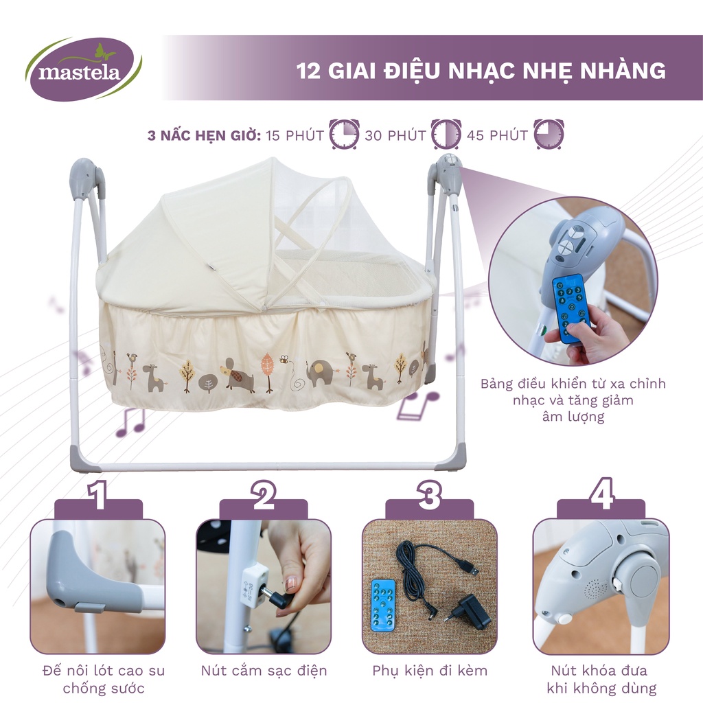 Nôi điện ru ngủ tự động điều khiển từ xa kết hợp nhạc trắng ru ngủ cho bé sơ sinh tới 2 tuổi Mastela SG239