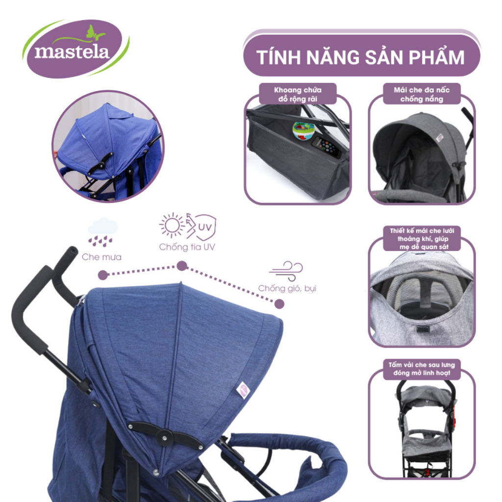 Xe đẩy em bé gập gọn siêu nhẹ, siêu thoáng khí chống xốc, chống tia UV Mastela 605- Chính hãng bảo hành 12 tháng