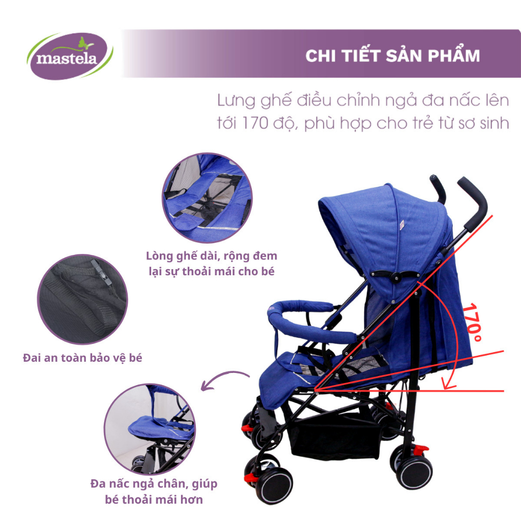 Xe đẩy em bé gập gọn siêu nhẹ, siêu thoáng khí chống xốc, chống tia UV Mastela 605- Chính hãng bảo hành 12 tháng