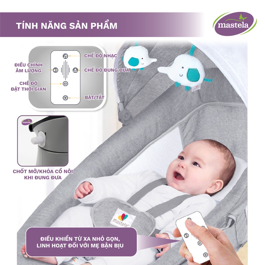 Nôi điện tự động cho bé sơ sinh, ru ngủ thông minh có nhạc trắng, kết hợp Bluetooth, điều khiển từ xa Mastela 8104