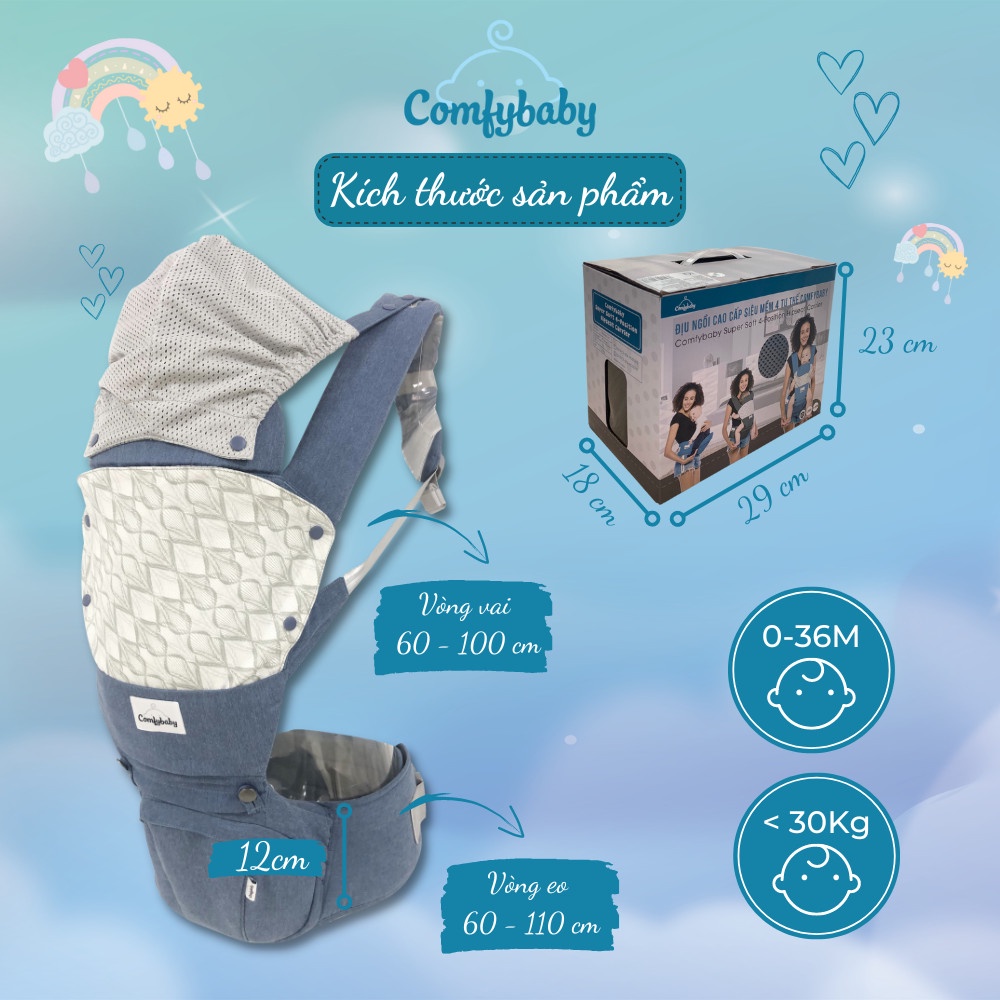Địu ngồi trẻ em cao cấp Air mesh - siêu mềm thoáng khí 4 tư thế Comfybaby HC003 cho bé từ sơ sinh trở lên có mũ đỡ đầu