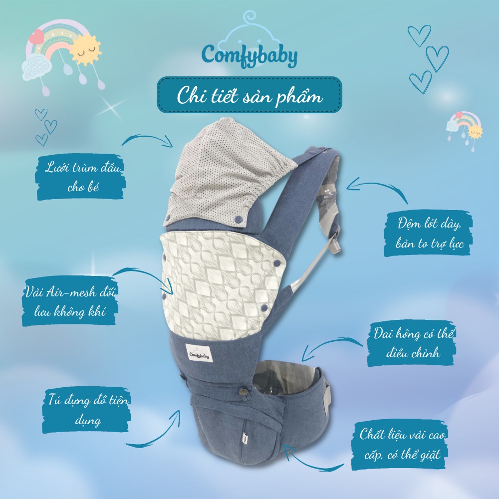 Địu ngồi trẻ em cao cấp Air mesh - siêu mềm thoáng khí 4 tư thế Comfybaby HC003 cho bé từ sơ sinh trở lên có mũ đỡ đầu