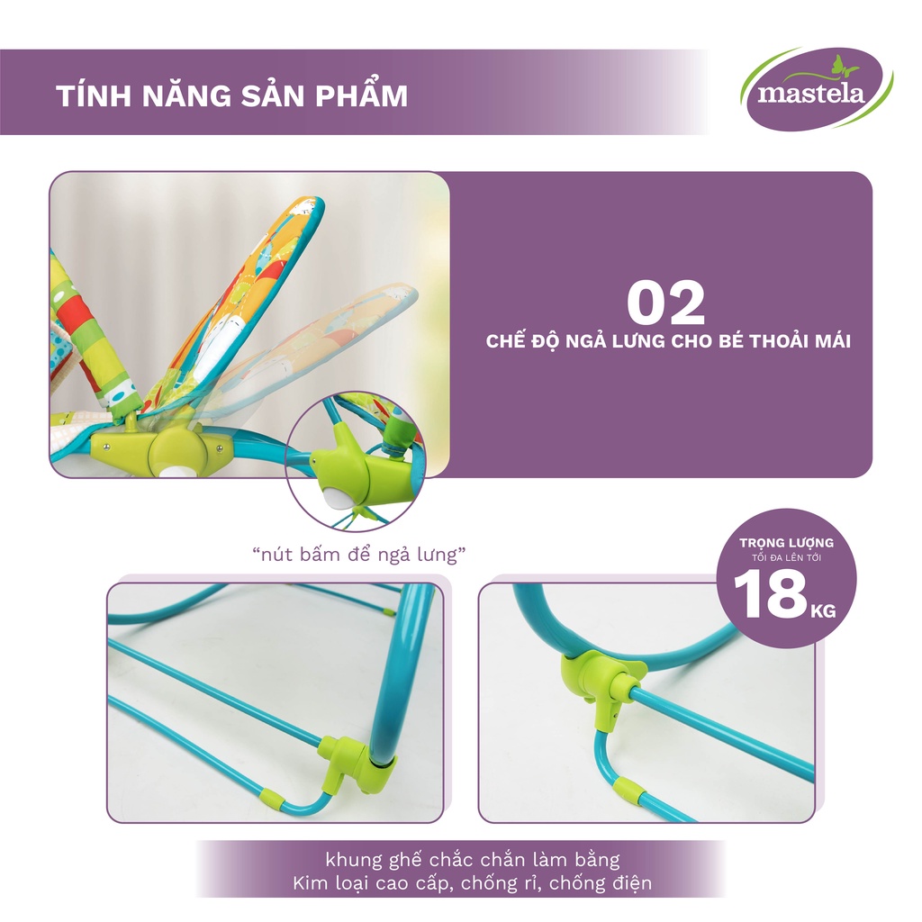 Ghế rung bập bênh cho bé Mastela -06920/06922 kết hợp ghế ăn, ghế thư giãn đọc sách có nhạc và đồ chơi treo cũi