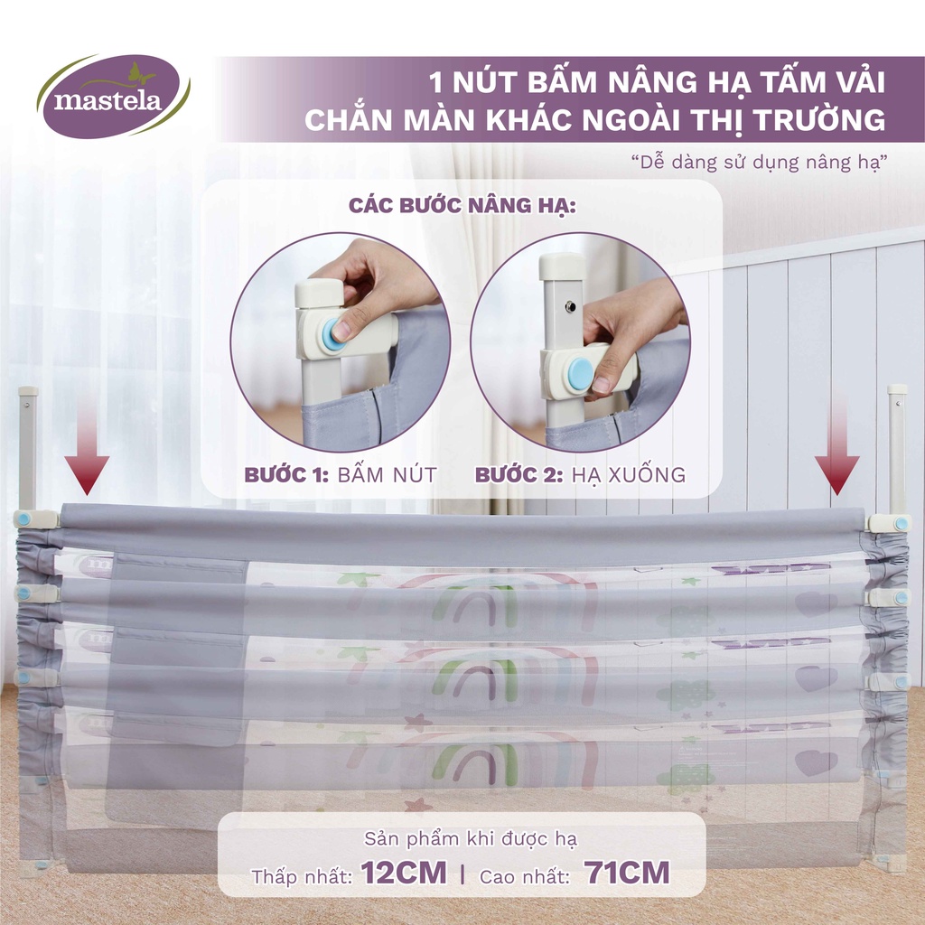 Thanh chắn giường nâng hạ 2 bên dễ dàng an toàn cho bé, chính hãng Mastela vải lưới thoáng khí, lắp đặt thông minh