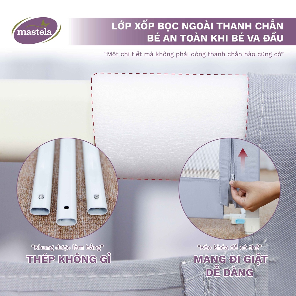 Thanh chắn giường nâng hạ 2 bên dễ dàng an toàn cho bé, chính hãng Mastela vải lưới thoáng khí, lắp đặt thông minh