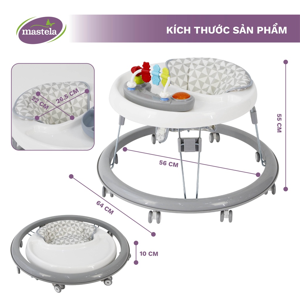 Xe tròn tập đi có đồ chơi và nhạc cho bé Mastela W2002 bánh xe cao su hãm di chuyển theo quán tính siêu nhẹ xoay 360 độ
