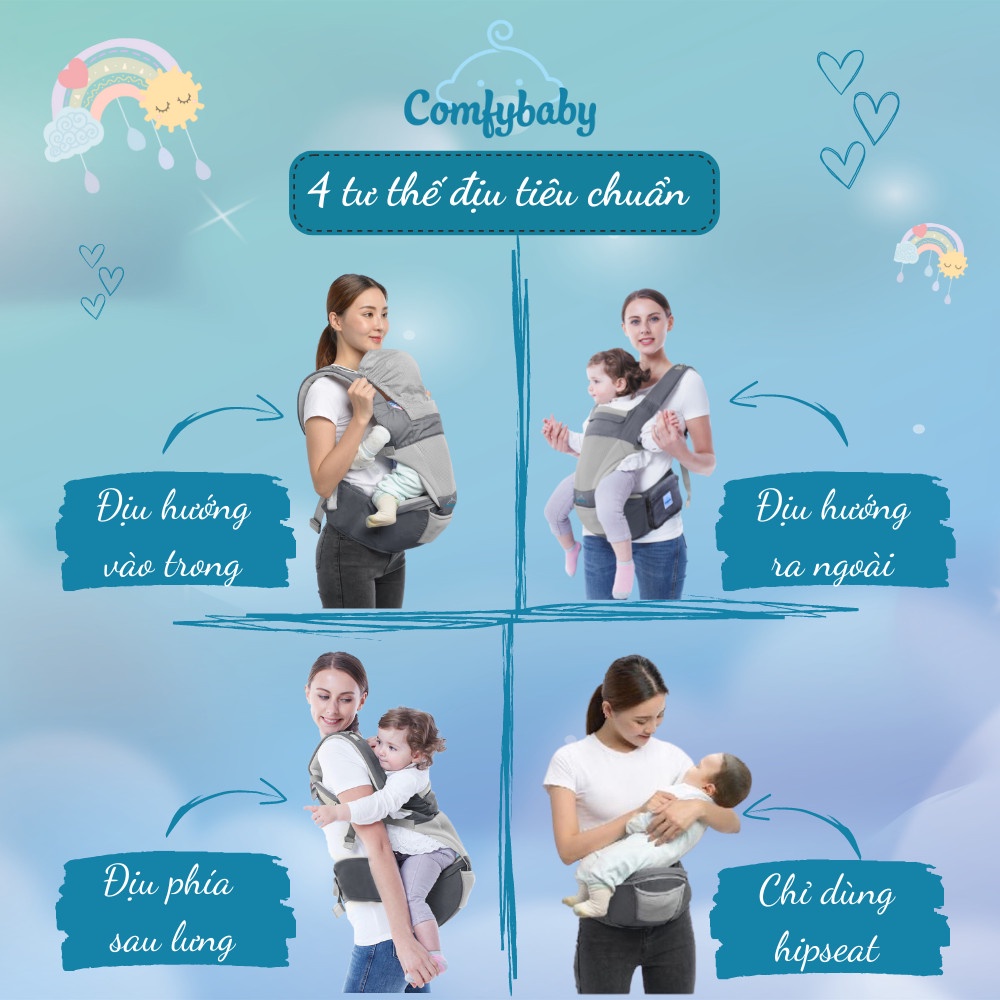 Địu ngồi cho bé cao cấp siêu mềm 4 tư thế công nghệ Air Mesh thoáng khí - Comfybaby CF818 địu ngồi chữ M