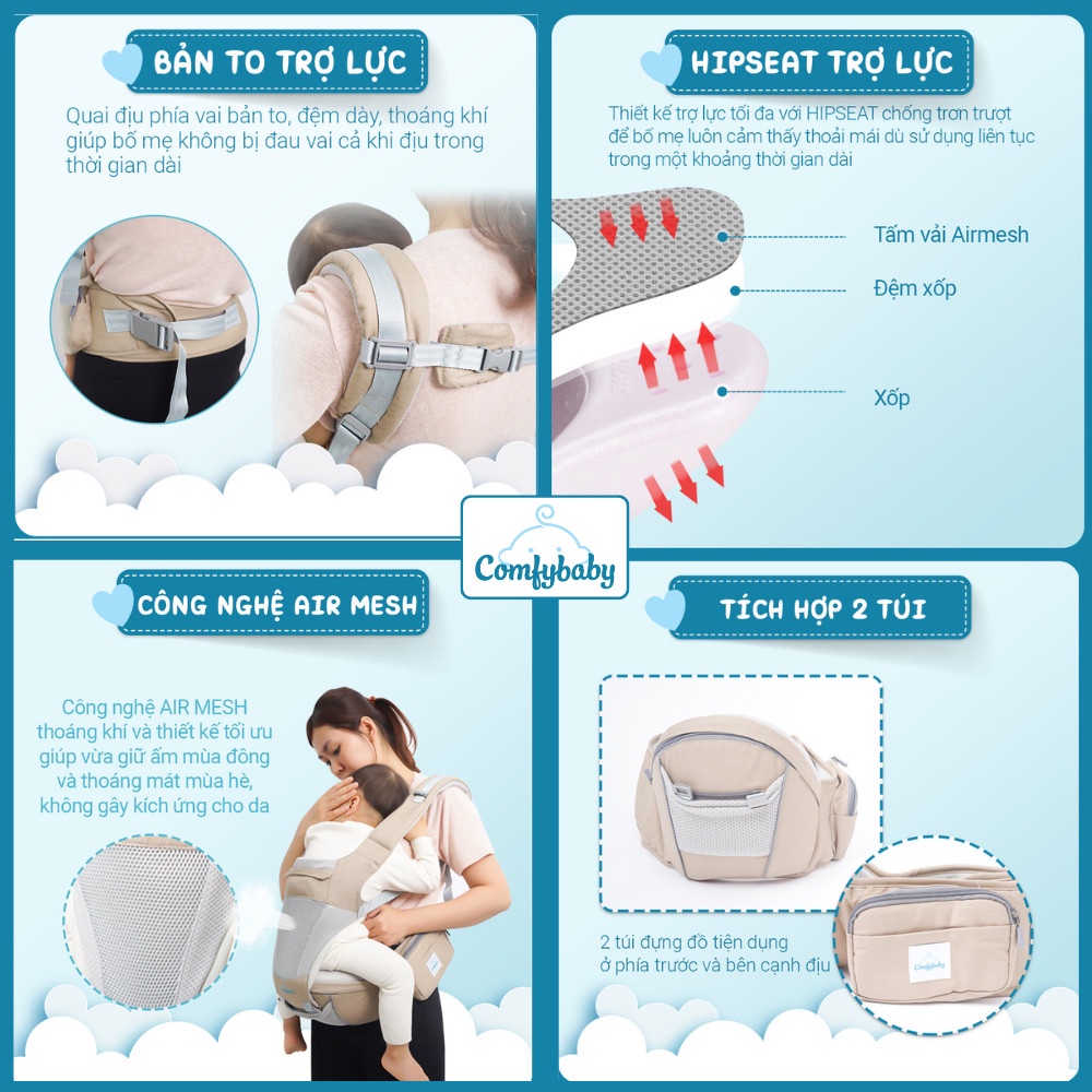 Địu ngồi cho bé cao cấp siêu mềm 4 tư thế công nghệ Air Mesh thoáng khí - Comfybaby CF818 địu ngồi chữ M