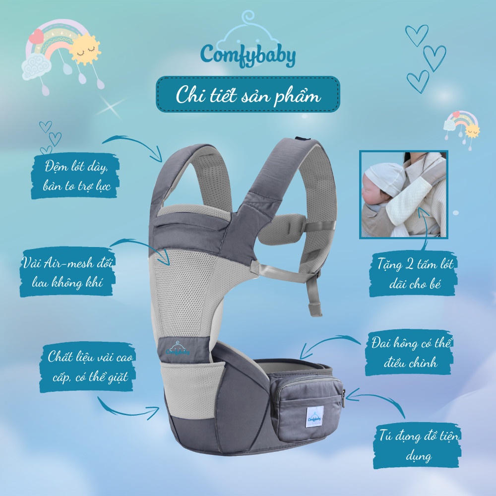 Địu ngồi cho bé cao cấp siêu mềm 4 tư thế công nghệ Air Mesh thoáng khí - Comfybaby CF818 địu ngồi chữ M