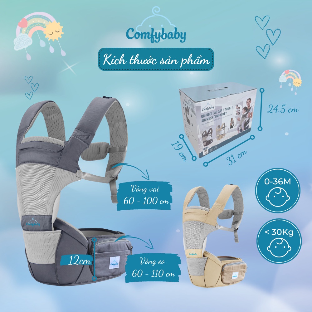 Địu ngồi cho bé cao cấp siêu mềm 4 tư thế công nghệ Air Mesh thoáng khí - Comfybaby CF818 địu ngồi chữ M