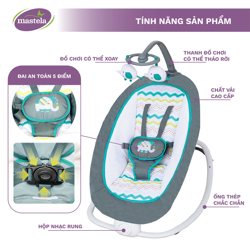 Ghế rung cho bé sơ sinh Mastela MSTL-06915-17 có đồ chơi và nhạc ru ngủ, 4 nấc điều chỉnh độ cao dễ dàng gấp gọn