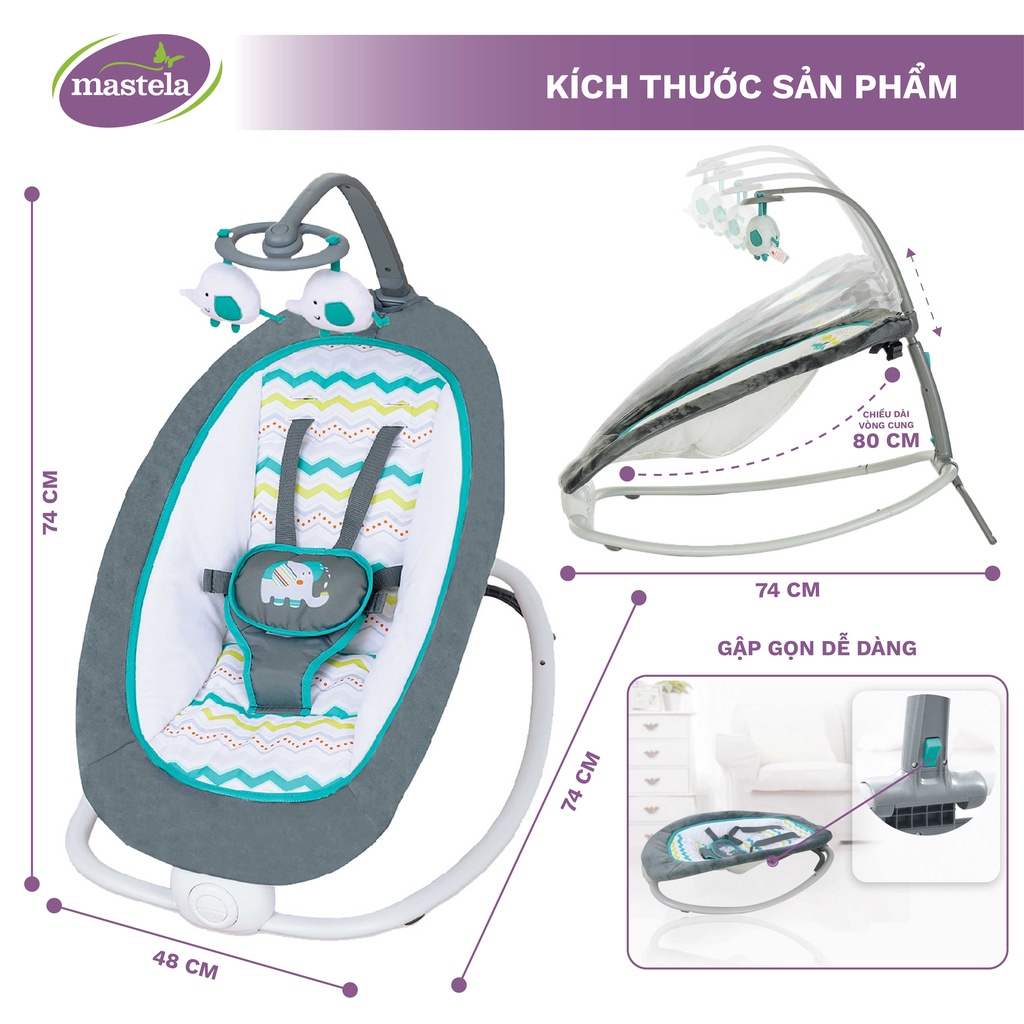 Ghế rung cho bé sơ sinh Mastela MSTL-06915-17 có đồ chơi và nhạc ru ngủ, 4 nấc điều chỉnh độ cao dễ dàng gấp gọn