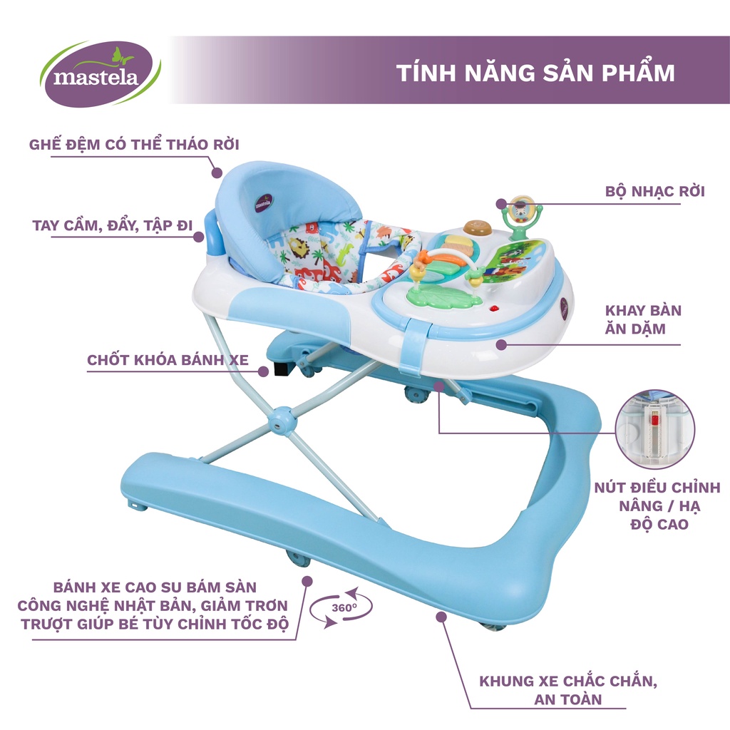 Xe tập đi 2 giai đoạn nâng hạ độ cao Mastela W1123 thiết kế chữ U với bánh xe cao su tiêu chuẩn Nhật an toàn cho bé