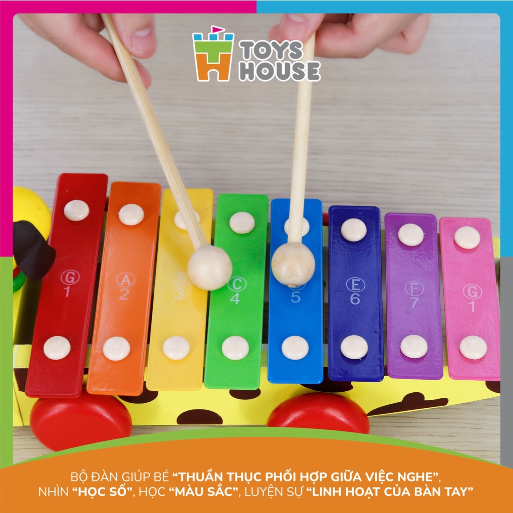 Đồ chơi gỗ - Đàn xylophone cầu vồng kết hợp xe kéo hình cún  thỏa mãn đam mê âm nhạc của trẻ Toyshouse 1152
