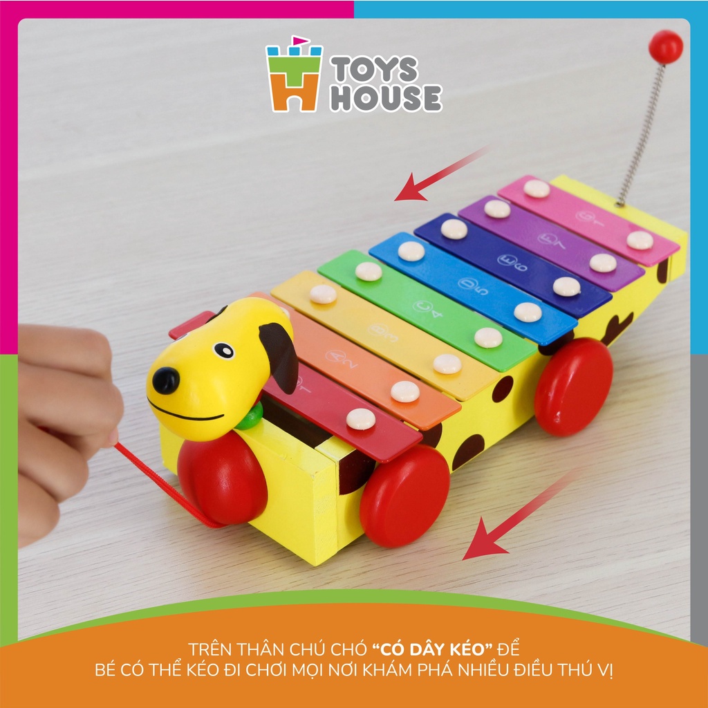 Đồ chơi gỗ - Đàn xylophone cầu vồng kết hợp xe kéo hình cún  thỏa mãn đam mê âm nhạc của trẻ Toyshouse 1152