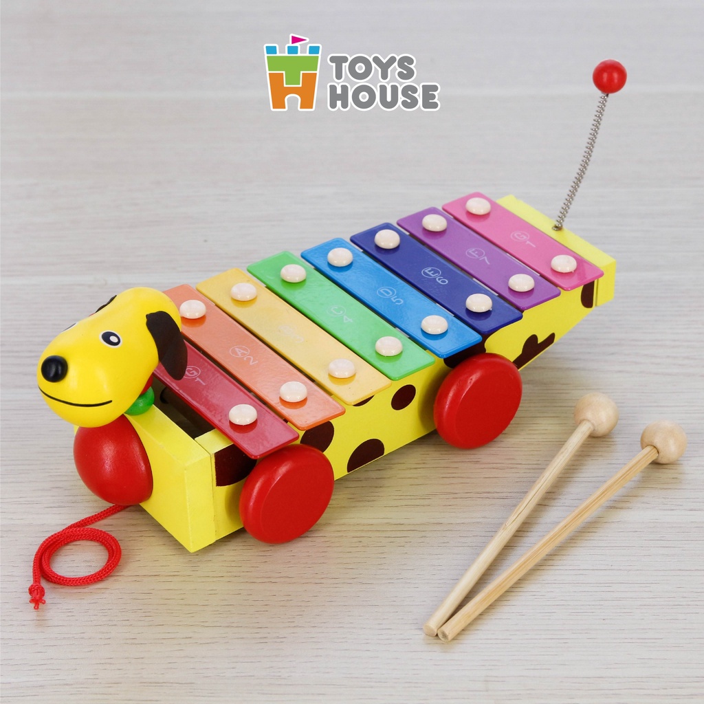 Đồ chơi gỗ - Đàn xylophone cầu vồng kết hợp xe kéo hình cún  thỏa mãn đam mê âm nhạc của trẻ Toyshouse 1152