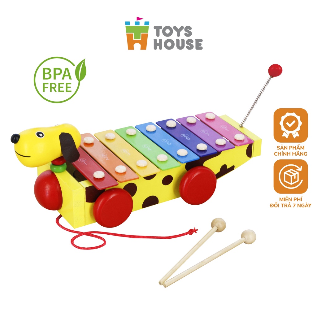 Đồ chơi gỗ - Đàn xylophone cầu vồng kết hợp xe kéo hình cún  thỏa mãn đam mê âm nhạc của trẻ Toyshouse 1152