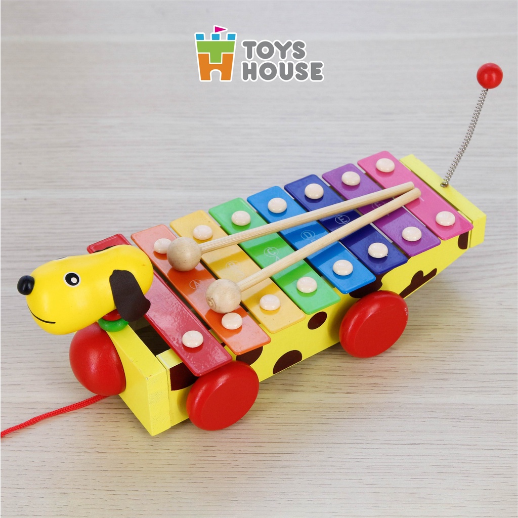 Đồ chơi gỗ - Đàn xylophone cầu vồng kết hợp xe kéo hình cún  thỏa mãn đam mê âm nhạc của trẻ Toyshouse 1152