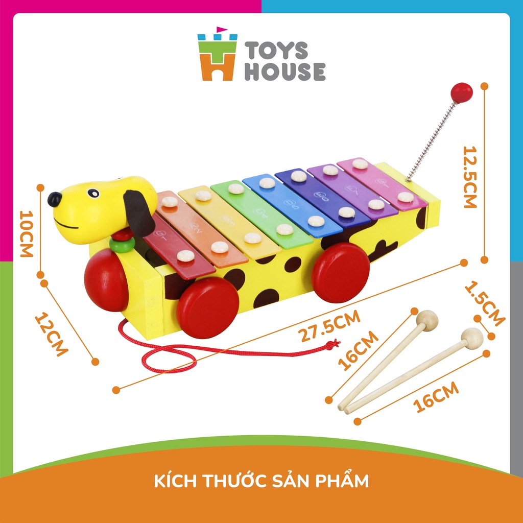 Đồ chơi gỗ - Đàn xylophone cầu vồng kết hợp xe kéo hình cún  thỏa mãn đam mê âm nhạc của trẻ Toyshouse 1152