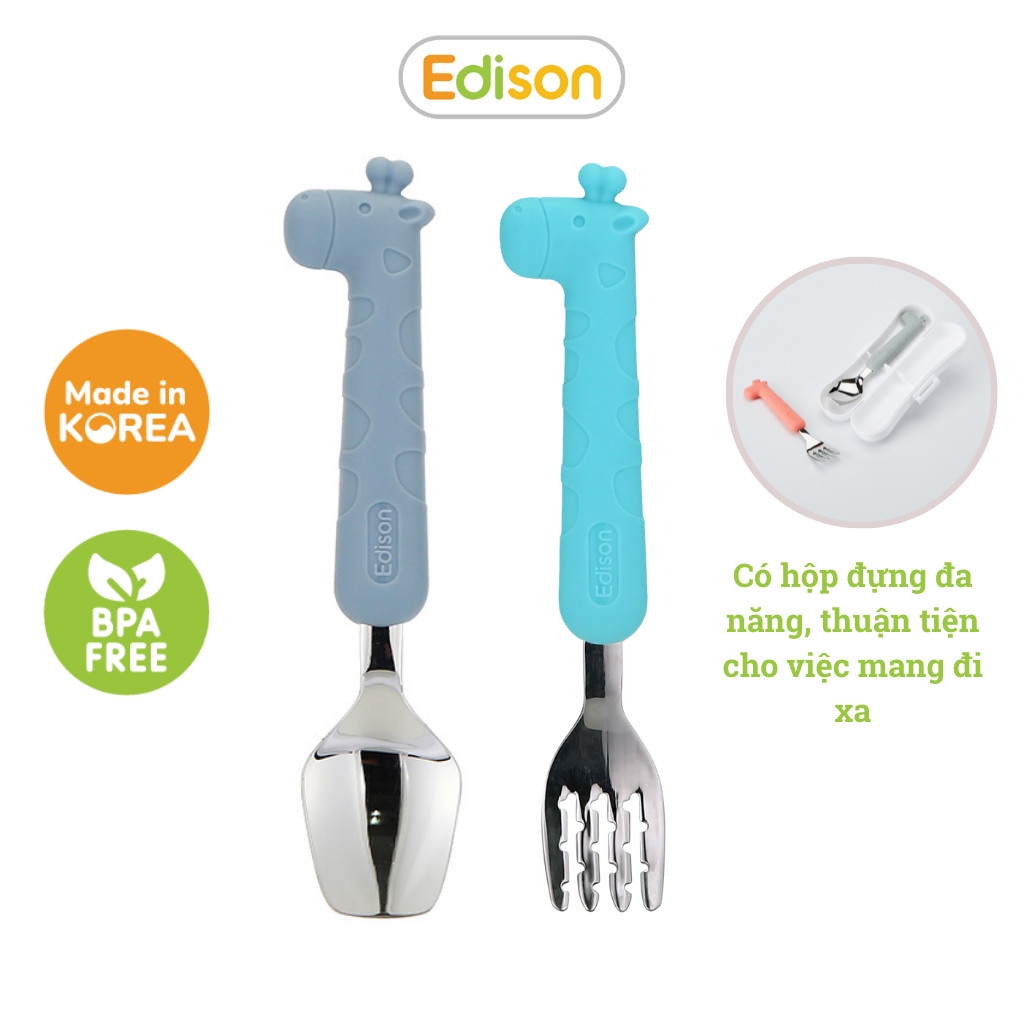 Bộ thìa nĩa ăn dặm cho bé inox 304 chống gỉ bọc silicon BPA Free có hộp đựng hình hươu cao cổ Edison 5318/5325