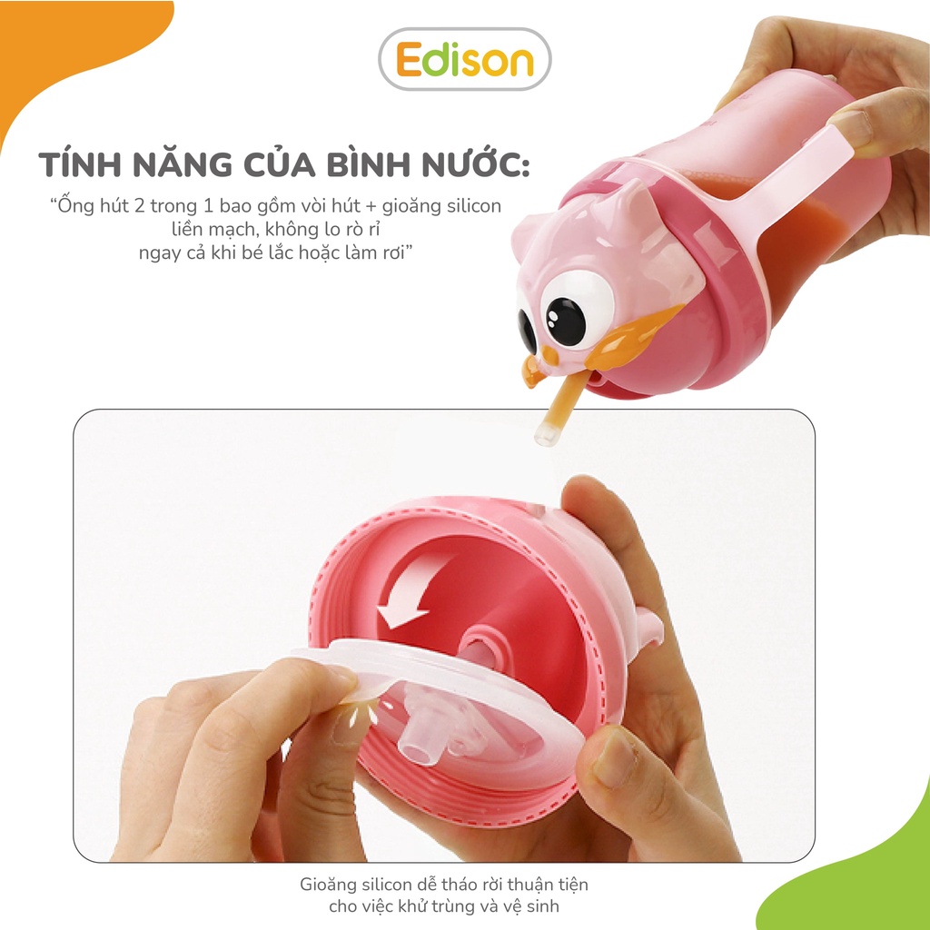 Bình tập uống nước cho bé có quai cầm kèm ống hút chống sặc thiết kế cải tiến Edison 3321 chính hãng Hàn Quốc