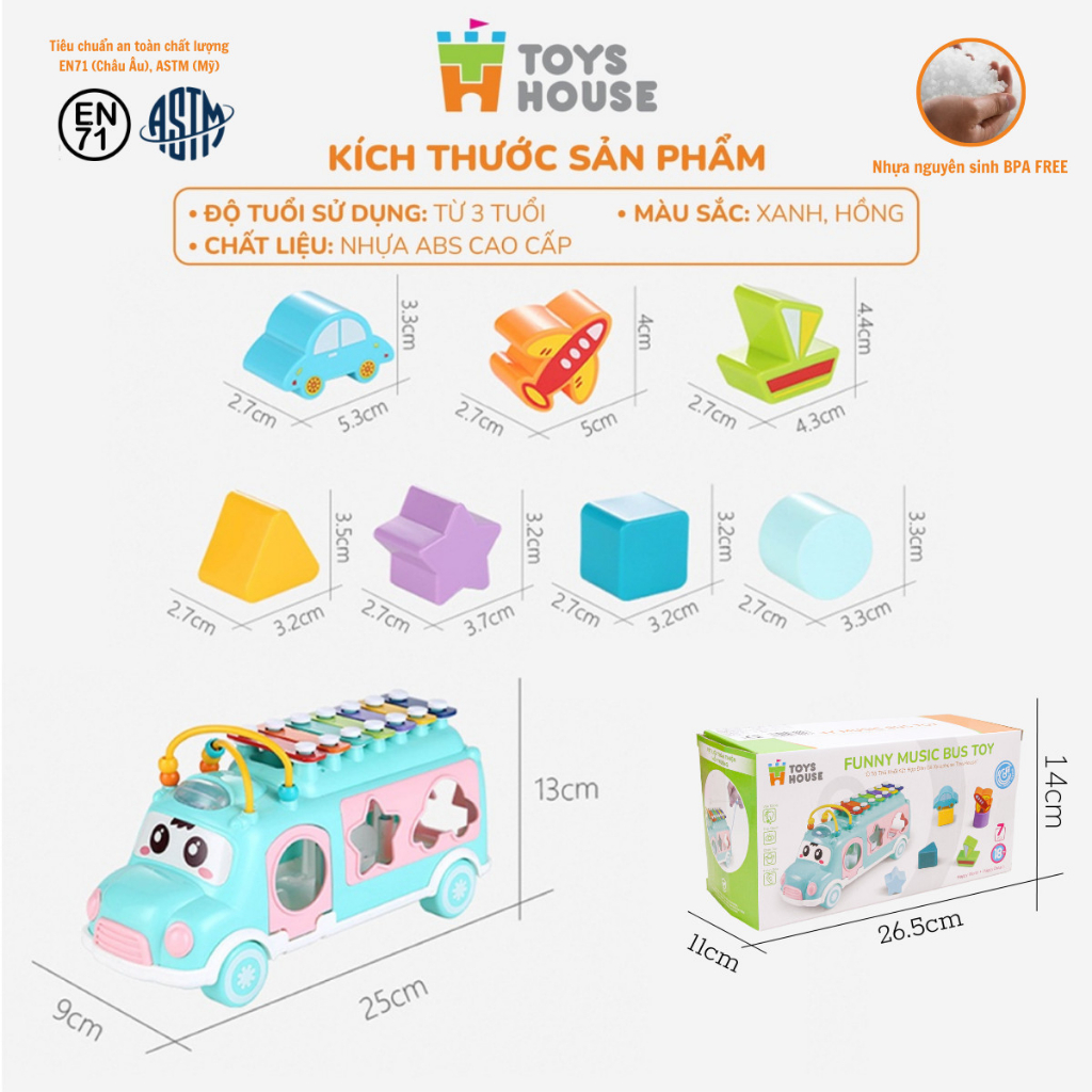 Đồ chơi ô tô thả hình khối kết hợp đàn gõ Xylophone giáo dục sớm cho bé Toyshouse HE8036