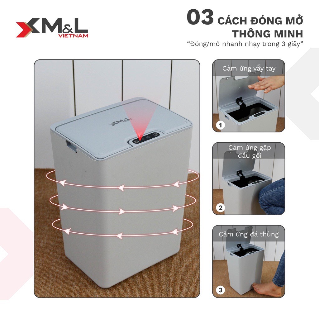Thùng rác cảm ứng thông minh 15 lít M&amp;L FH-2 - Hàng chính hãng bảo hành 03 tháng