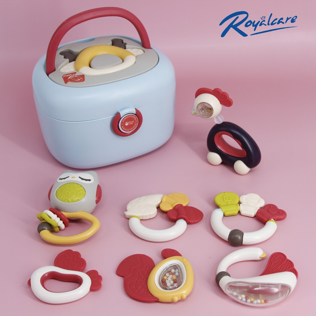 Đồ chơi xúc xắc gặm nướu 8 món CAO CẤP có hộp đựng Royalcare 1021, CÓ THỂ tiệt trùng bằng tia UV