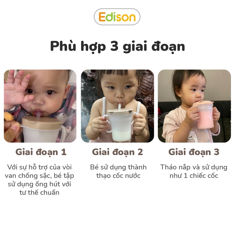 Cốc tập uống 3 giai đoạn Edison Hàn Quốc có ống hút chống rò rỉ và tay cầm cho bé từ 6 tháng 3550