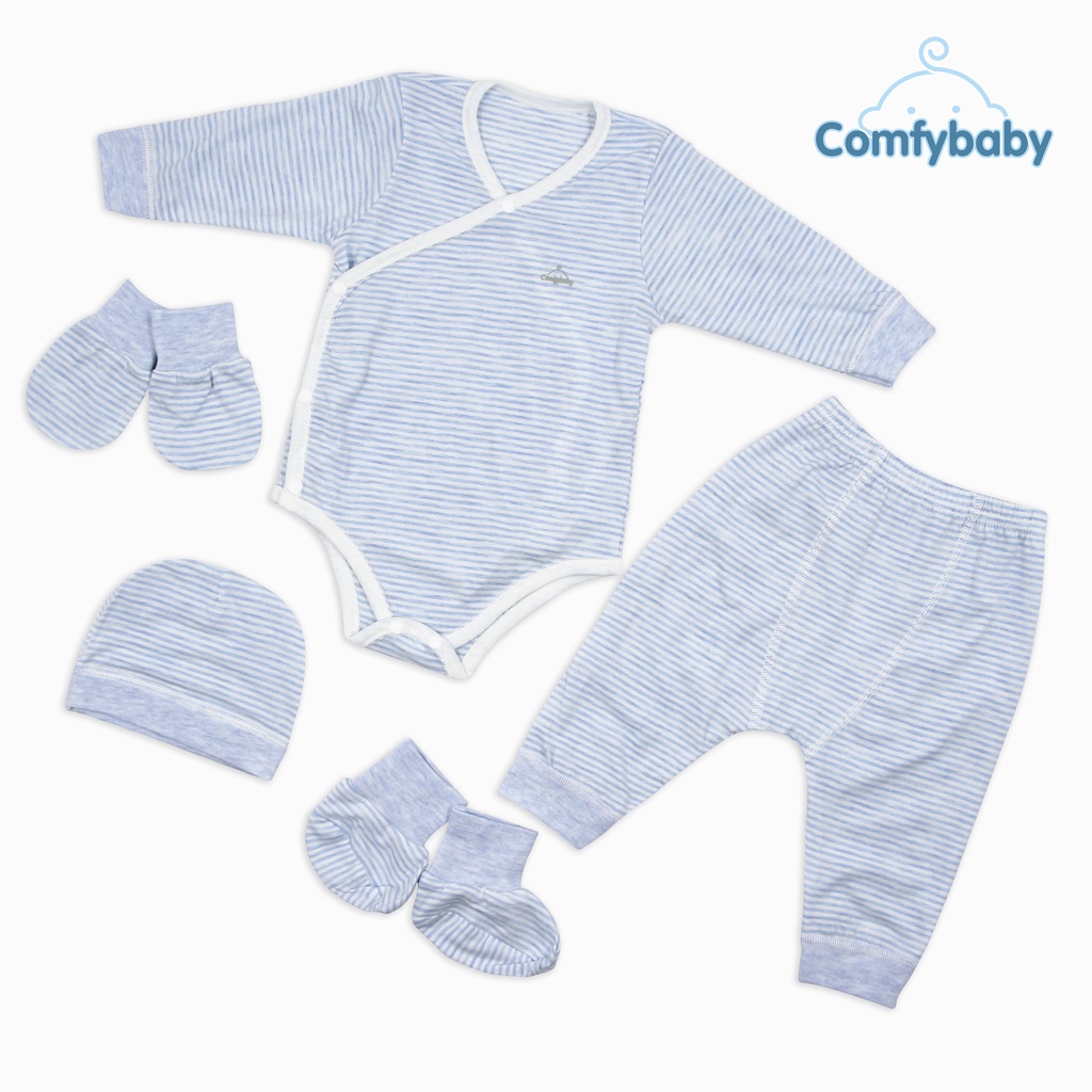 Set Bodysuit giữ ấm sơ sinh 5 món ComfyBaby (quần áo dài, bao tay chân, mũ) kẻ sọc màu xanh - 100% Cotton- chính hãng
