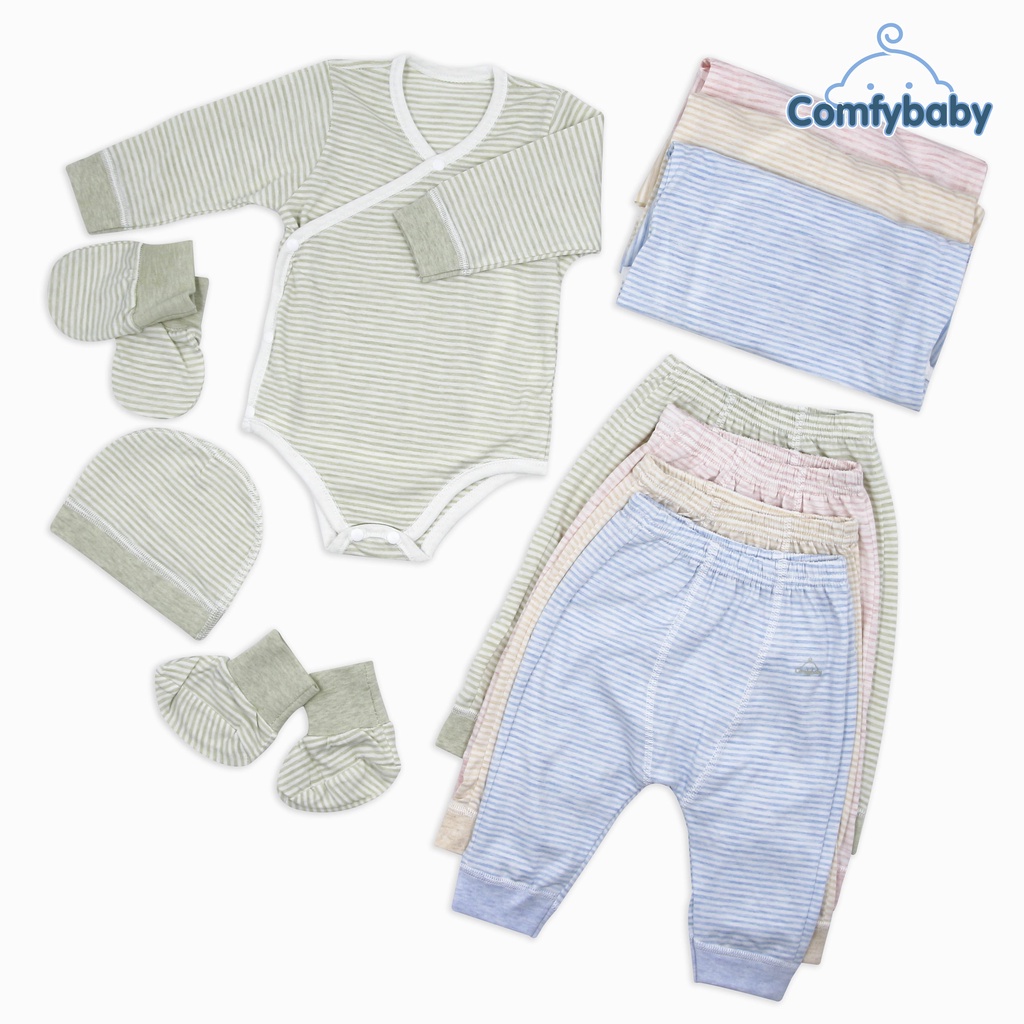 Set Bodysuit giữ ấm sơ sinh 5 món ComfyBaby (quần áo dài, bao tay chân, mũ) kẻ sọc màu xanh - 100% Cotton- chính hãng