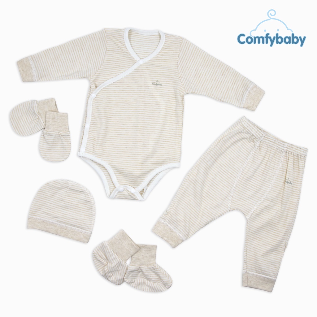Set Bodysuit giữ ấm sơ sinh 5 món ComfyBaby (quần áo dài, bao tay chân, mũ) kẻ sọc màu xanh - 100% Cotton- chính hãng